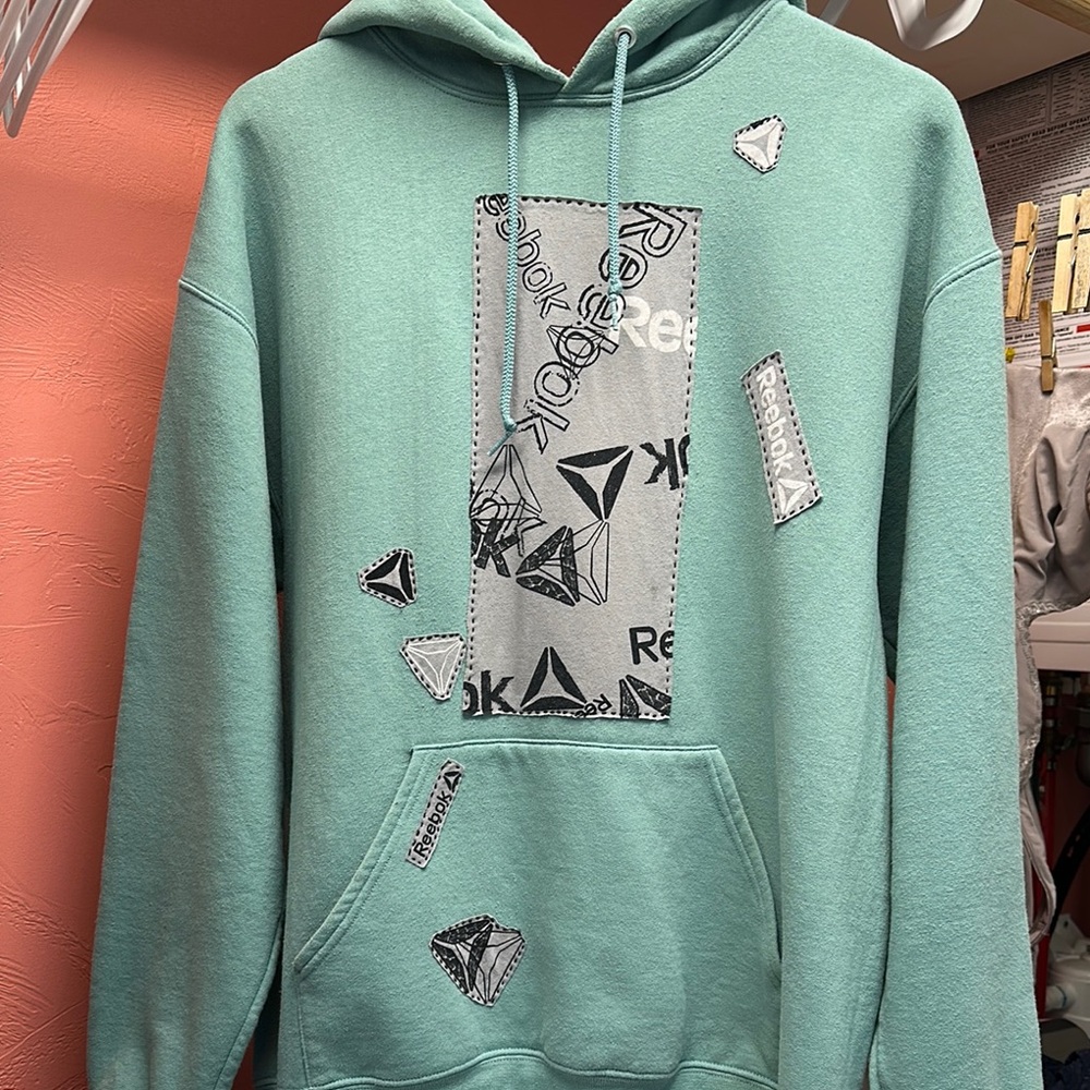 Upcycled Hand Stitched Jerzees ‘Reebok’ Men's Mint Graphic Hoodie